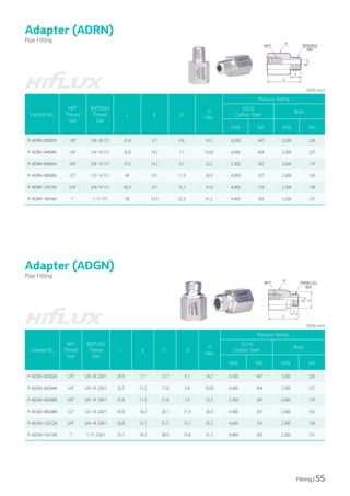 Fitting | 55
Adapter (ADRN)
Adapter (ADGN)
Pipe Fitting
Pipe Fitting
Catalog No.
NPT
Thread
Size
BSPT/ISO
Thread
Size
L ℓ d
H
Hex
Pressure Rating
SS316
Carbon Steel
Brass
psig bar psig bar
P-ADRN-02R02N 1/8" 1/8-28 7/1 27.4 9.7 4.8 14.2 6,500 447 3,200 220
P-ADRN-04R04N 1/4" 1/4-19 7/1 35.8 14.2 7.1 19.05 6,600 454 3,300 227
P-ADRN-06R06N 3/8" 3/8-19 7/1 37.6 14.2 9.7 22.2 5,300 365 2,600 179
P-ADRN-08R08N 1/2" 1/2-14 7/1 49 19.1 11.9 26.9 4,900 337 2,400 165
P-ADRN-12R12N 3/4" 3/4-14 7/1 50.3 19.1 15.7 31.8 4,600 316 2,300 158
P-ADRN-16R16N 1" 1-11 7/1 58 23.9 22.3 41.2 4,400 303 2,200 151
Catalog No.
NPT
Thread
Size
BSPT/ISO
Thread
Size
L ℓ C d
H
Hex
Pressure Rating
SS316
Carbon Steel
Brass
psig bar psig bar
P-ADGN-02G02N 1/8" 1/8-28 228/1 24.9 7.1 13.7 4.1 14.2 6,500 447 3,200 220
P-ADGN-04G04N 1/4" 1/4-19 228/1 33.3 11.2 17.8 5.8 19.05 6,600 454 3,300 227
P-ADGN-06G06N 3/8" 3/8-19 228/1 37.8 11.2 21.8 7.9 22.2 5,300 365 2,600 179
P-ADGN-08G08N 1/2" 1/2-14 228/1 43.9 14.2 26.1 11.9 26.9 4,900 337 2,400 165
P-ADGN-12G12N 3/4" 3/4-14 228/1 50.8 15.7 31.5 15.7 33.3 4,600 316 2,300 158
P-ADGN-16G16N 1" 1-11 228/1 53.1 18.3 38.9 19.8 41.2 4,400 303 2,200 151
(단위:mm)
(단위:mm)
 