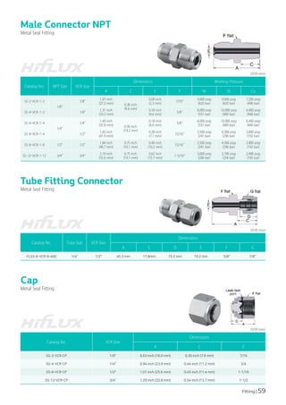 Fitting | 59
Male Connector NPT
Metal Seal Fitting
Catalog No. NPT Size VCR Size
Dimensions Working Pressure
A C E F Ni SS Cu
SS-2-VCR-1-2
1/8"
1/8"
1.07 inch
(27.2 mm) 0.38 inch
(9.6 mm)
0.09 inch
(2.3 mm)
7/16"
9,000 psig
(620 bar)
9,000 psig
(620 bar)
7,200 psig
(496 bar)
SS-4-VCR-1-2 1/4"
1.31 inch
(33.3 mm)
0.18 inch
(4.6 mm)
5/8"
8,000 psig
(551 bar)
10,000 psig
(689 bar)
6,400 psig
(440 bar)
SS-4-VCR-1-4
1/4"
1/4"
1.49 inch
(37.8 mm) 0.56 inch
(14.2 mm)
0.18 inch
(4.6 mm)
5/8"
8,000 psig
(551 bar)
10,000 psig
(689 bar)
6,400 psig
(440 bar)
SS-8-VCR-1-4 1/2"
1.65 inch
(41.9 mm)
0.28 inch
(7.1 mm)
15/16"
3,500 psig
(241 bar)
4,300 psig
(296 bar)
2,800 psig
(192 bar)
SS-8-VCR-1-8 1/2" 1/2"
1.84 inch
(46.7 mm)
0.75 inch
(19.1 mm)
0.40 inch
(10.2 mm)
15/16"
3,500 psig
(241 bar)
4,300 psig
(296 bar)
2,800 psig
(192 bar)
SS-12-VCR-1-12 3/4" 3/4"
2.19 inch
(55.6 mm)
0.75 inch
(19.1 mm)
0.62 inch
(15.7 mm)
1-5/16"
3,000 psig
(206 bar)
3,700 psig
(254 bar)
2,400 psig
(165 bar)
(단위:mm)
Tube Fitting Connector
Metal Seal Fitting
Catalog No. Tube Size VCR Size
Dimensions
A C D E F G
FLSS-8-VCR-6-400 1/4” 1/2” 45.3 mm 17.8mm 15.2 mm 10.2 mm 5/8” 7/8”
(단위:mm)
Cap
Metal Seal Fitting
Catalog No. VCR Size
Dimensions
A C F
SS-2-VCR-CP 1/8" 0.63 inch (16.0 mm) 0.30 inch (7.6 mm) 7/16
SS-4-VCR-CP 1/4" 0.94 inch (23.9 mm) 0.44 inch (11.2 mm) 3/4
SS-8-VCR-CP 1/2" 1.01 inch (25.6 mm) 0.45 inch (11.4 mm) 1-1/16
SS-12-VCR-CP 3/4" 1.29 inch (32.8 mm) 0.54 inch (13.7 mm) 1-1/2
(단위:mm)
 