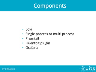 • Loki
• Single process or multi process
• Promtail
• Fluentbit plugin
• Grafana
Components
@roidelapluie
 
