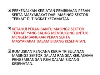 PERKENALKAN KEGIATAN PEMBINAAN PERAN SERTA MASYARAKAT DARI MASING2 SEKTOR TERKAIT DI TINGKAT KECAMATAN. KETAHUI PERAN BANTU MASING2 SEKTOR TERKAIT YANG SALING MENDUKUNG UNTUK MENGEMBANGKAN PERAN SERTA MASYARAKAT DALAM BIDANG KESEHATAN . RUMUSKAN RENCANA KERJA TRIBULANAN MASING2 SEKTOR DALAM RANGKA KERJASAMA PENGEMBANGAN PSM DALAM BIDANG KESEHATAN. 