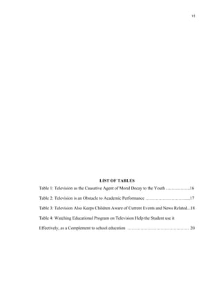 vi
LIST OF TABLES
Table 1: Television as the Causative Agent of Moral Decay to the Youth ……………..16
Table 2: Television is an Obstacle to Academic Performance ……………………….....17
Table 3: Television Also Keeps Children Aware of Current Events and News Related...18
Table 4: Watching Educational Program on Television Help the Student use it
Effectively, as a Complement to school education ……………………………….…… 20
 
