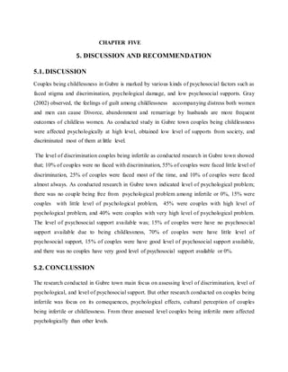 CHAPTER FIVE
5. DISCUSSION AND RECOMMENDATION
5.1. DISCUSSION
Couples being childlessness in Gubre is marked by various kinds of psychosocial factors such as
faced stigma and discrimination, psychological damage, and low psychosocial supports. Gray
(2002) observed, the feelings of guilt among childlessness accompanying distress both women
and men can cause Divorce, abandonment and remarriage by husbands are more frequent
outcomes of childless women. As conducted study in Gubre town couples being childlessness
were affected psychologically at high level, obtained low level of supports from society, and
discriminated most of them at little level.
The level of discrimination couples being infertile as conducted research in Gubre town showed
that; 10% of couples were no faced with discrimination, 55% of couples were faced little level of
discrimination, 25% of couples were faced most of the time, and 10% of couples were faced
almost always. As conducted research in Gubre town indicated level of psychological problem;
there was no couple being free from psychological problem among infertile or 0%, 15% were
couples with little level of psychological problem, 45% were couples with high level of
psychological problem, and 40% were couples with very high level of psychological problem.
The level of psychosocial support available was; 15% of couples were have no psychosocial
support available due to being childlessness, 70% of couples were have little level of
psychosocial support, 15% of couples were have good level of psychosocial support available,
and there was no couples have very good level of psychosocial support available or 0%.
5.2. CONCLUSSION
The research conducted in Gubre town main focus on assessing level of discrimination, level of
psychological, and level of psychosocial support. But other research conducted on couples being
infertile was focus on its consequences, psychological effects, cultural perception of couples
being infertile or childlessness. From three assessed level couples being infertile more affected
psychologically than other levels.
 