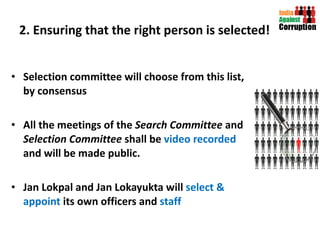 2. Ensuring that the right person is selected! Selection committee will choose from this list, by consensus All the meetings of the  Search Committee  and  Selection Committee  shall be   video recorded  and will be made public.  Jan Lokpal and Jan Lokayukta will  select & appoint  its own officers and  staff 
