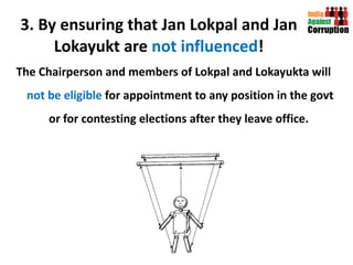 3. By ensuring that Jan Lokpal and Jan Lokayukt are  not influenced ! The Chairperson and members of Lokpal and Lokayukta will  not be eligible  for appointment to any position in the govt or for contesting elections after they leave office.  