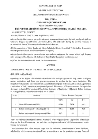 GOVERNMENT OF INDIA
MINISTRY OF EDUCATION
DEPARTMENT OF HIGHER EDUCATION
LOK SABHA
UNSTARRED QUESTION NO.188
ANSWERED ON 0...