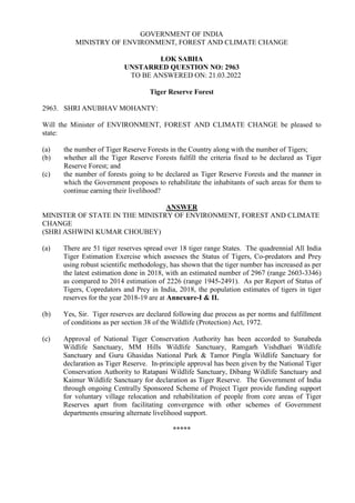 GOVERNMENT OF INDIA
MINISTRY OF ENVIRONMENT, FOREST AND CLIMATE CHANGE
LOK SABHA
UNSTARRED QUESTION NO: 2963
TO BE ANSWERE...