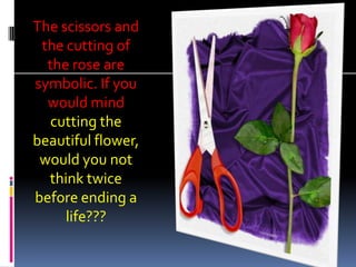 The scissors and
 the cutting of
  the rose are
symbolic. If you
  would mind
   cutting the
beautiful flower,
 would you not
  think twice
before ending a
     life???
 