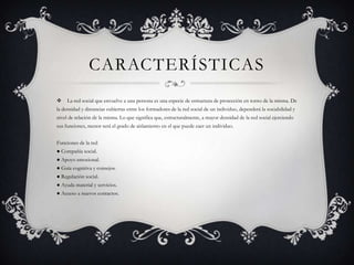 CARACTERÍSTICAS
    La red social que envuelve a una persona es una especie de estructura de protección en torno de la misma. De
la densidad y distancias cubiertas entre los formadores de la red social de un individuo, dependerá la sociabilidad y
nivel de relación de la misma. Lo que significa que, estructuralmente, a mayor densidad de la red social ejerciendo
sus funciones, menor será el grado de aislamiento en el que puede caer un individuo.


Funciones de la red
● Compañía social.
● Apoyo emocional.
● Guía cognitiva y consejos.
● Regulación social.
● Ayuda material y servicios.
● Acceso a nuevos contactos.
 