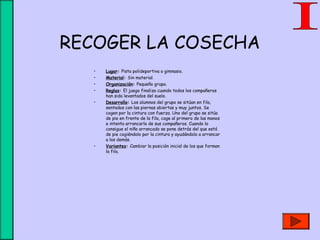 RECOGER LA COSECHA
• Lugar: Pista polideportiva o gimnasio.
• Material: Sin material.
• Organización: Pequeño grupo.
• Reglas: El juego finaliza cuando todos los compañeros
han sido levantados del suelo.
• Desarrollo: Los alumnos del grupo se sitúan en fila,
sentados con las piernas abiertas y muy juntos. Se
cogen por la cintura con fuerza. Uno del grupo se sitúa
de pie en frente de la fila, coge al primero de las manos
e intenta arrancarlo de sus compañeros. Cuando lo
consigue el niño arrancado se pone detrás del que está
de pie cogiéndolo por la cintura y ayudándolo a arrancar
a los demás.
• Variantes: Cambiar la posición inicial de los que forman
la fila.
 