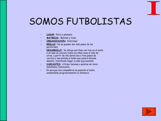 SOMOS FUTBOLISTAS
• LUGAR: Patio o gimnasio
• MATERIAL: Balones y tizas.
• ORGANIZACIÓN: Individual.
• REGLAS: No se pueden dar más pasos de los
permitidos.
• DESARROLLO: Se dibuja una línea con tiza en el suelo,
a un lado se colocan todos los niños unos al lado de
otros, a partir de ella darán dos o tres pasos de
carrera y una patada al balón que estará situado
delante, intentando llegar lo más lejos posible.
• VARIANTES: Utilizar balones o pelotas de tenis,
balonmano, baloncesto...
• En parejas dos compañeros se pasarán el balón,
aumentando progresivamente la distancia.
 