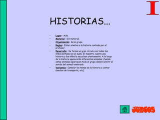 HISTORIAS...
• Lugar: Aula.
• Material: Sin material.
• Organización: Gran grupo.
• Reglas: Estar atentos a la historia contada por el
profesor.
• Desarrollo: Se forma un gran círculo con todos los
niños sentados en el suelo. El maestro cuenta una
historia y los niños la escuchan atentamente. A lo largo
de la historia aparecerán diferentes animales. Cuando
estos animales aparezcan todo el grupo deberá emitir el
sonido del animal nombrado.
• Variantes: Cambiar los temas de la historia a contar
(medios de transporte, etc).
 