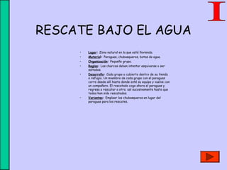 RESCATE BAJO EL AGUA
• Lugar: Zona natural en la que esté lloviendo.
• Material: Paraguas, chubasqueros, botas de agua.
• Organización: Pequeño grupo.
• Reglas: Los charcos deben intentar esquivarse o ser
saltados.
• Desarrollo: Cada grupo a cubierto dentro de su tienda
o refugio. Un miembro de cada grupo con el paraguas
corre desde allí hasta donde esté su equipo y vuelve con
un compañero. El rescatado coge ahora el paraguas y
regresa a rescatar a otro; así sucesivamente hasta que
todos han sido rescatados.
• Variantes: Emplear los chubasqueros en lugar del
paraguas para los rescates.
 