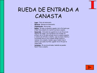 RUEDA DE ENTRADA A
CANASTA
• Lugar: Pista de baloncesto.
• Material: Balones de baloncesto.
• Organización: Gran grupo.
• Reglas: No sale el siguiente jugador de la fila hasta que
el que tiene delante no realice la primera canasta.
• Desarrollo: Colocados los jugadores en una fila en una
esquina del campo. Los 4 primeros con un balón. El
primero de la fila sale botando hacia la canasta opuesta
y realiza una entrada a canasta, coge su propio rebote y
va botando hacia la otra canasta donde volverá a
realizar otra canasta. Cuando coge el balón tras el
rebote, se la pasa al primer jugador de la fila que no
tenga balón.
• Variantes: En vez de entradas, también se pueden
hacer tiros a canasta.
 