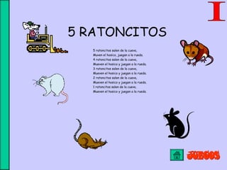 5 RATONCITOS
5 ratoncitos salen de la cueva,
Muven el hosico, juegan a la rueda.
4 ratoncitos salen de la cueva,
Mueven el hosico y juegan a la rueda.
3 ratoncitos salen de la cueva,
Mueven el hosico y juegan a la rueda.
2 ratoncitos salen de la cueva,
Mueven el hosico y juegan a la rueda.
1 ratoncitos salen de la cueva,
Mueven el hosico y juegan a la rueda.
 