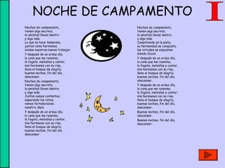 NOCHE DE CAMPAMENTO
Noches de campamento,
tienen algo secreto,
la amistad llevan dentro
y algo más.
Lo que se hace temprano,
juntos como hermanos,
unidas nuestras manos trabajar.
Y después de un arduo día,
la cena que me reanima,
la fogata, melodías y cantar,
mis hermanos con su risa,
llena el bosque de alegría,
buenas noches, fin del día,
descansar.
Noches de campamento,
tienen algo secreto,
la amistad llevan dentro
y algo más.
Juntos vamos contentos,
superando los retos,
vamos fortaleciendo
nuestro ideal.
Y después de un arduo día,
la cena que me reanima,
la fogata, melodías y cantar,
mis hermanos con su risa,
llena el bosque de alegría,
buenas noches, fin del día,
descansar.
Noches de campamento,
tienen algo secreto,
la amistad llevan dentro
y algo más.
Compitiendo en la pista,
su hermandad se conquista,
las virtudes se enquistan
siendo Scout.
Y después de un arduo día,
la cena que me reanima,
la fogata, melodías y cantar,
mis hermanos con su risa,
llena el bosque de alegría,
buenas noches, fin del día,
descansar.
Y después de un arduo día,
la cena que me reanima,
la fogata, melodías y cantar,
mis hermanos con su risa,
llena el bosque de alegría,
buenas noches, fin del día,
descansar.
Buenas noches, fin del día,
descansar.
Buenas noches, fin del día,
descansar.
 