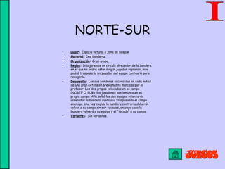 NORTE-SUR
• Lugar: Espacio natural o zona de bosque.
• Material: Dos banderas.
• Organización: Gran grupo.
• Reglas: Dibujaremos un circulo alrededor de la bandera
en el que no podrá estar ningún jugador vigilando, solo
podrá traspasarlo un jugador del equipo contrario para
recogerla.
• Desarrollo: Las dos banderas escondidas en cada mitad
de una gran extensión previamente marcada por el
profesor. Los dos grupos colocados en su campo
(NORTE O SUR); los jugadores son inmunes en su
propio campo. A la señal los dos equipos intentarán
arrebatar la bandera contraria traspasando el campo
enemigo. Una vez cogida la bandera contraria deberán
volver a su campo sin ser tocados, en cuyo caso la
bandera volverá a su equipo y el "tocado" a su campo.
• Variantes: Sin variantes.
 