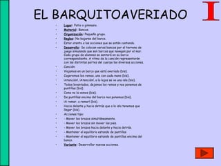 EL BARQUITOAVERIADO
• Lugar: Patio o gimnasio.
• Material: Bancos.
• Organización: Pequeño grupo.
• Reglas: No bajarse del barco.
• Estar atento a las acciones que se están cantando.
• Desarrollo: Se colocan varios bancos por el terreno de
juego simulando que son barcos que navegan por el mar.
Cada grupo de alumnos se sentará en su barco
correspondiente. A ritmo de la canción representarán
con las distintas partes del cuerpo las diversas acciones.
• Canción:
• Viajamos en un barco que está averiado (bis).
• Cogeremos los remos, uno con cada mano (bis).
• ¡Atención!, ¡Atención!, a lo lejos se ve una isla (bis).
• Todos levantados, dejamos los remos y nos ponemos de
puntillas (bis).
• Como no la vemos (bis);
• De puntillas encima del barco nos ponemos (bis).
• ¡A remar, a remar! (bis).
• Hacia delante y hacia detrás que a la isla tenemos que
llegar (bis).
• Acciones tipo:
• - Mover los brazos simultáneamente.
• - Mover los brazos sin mover los pies.
• - Mover los brazos hacia delante y hacia detrás.
• - Mantener el equilibrio estando de puntillas
• - Mantener el equilibrio estando de puntillas encima del
banco.
• Variante: Desarrollar nuevas acciones.
 