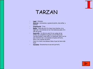 TARZAN
• Lugar: Gimnasio.
• Material: Colchonetas, cajones de plinto, dos anillas y
balones.
• Organización: Tríos.
• Reglas: Cada niño del trío tiene tres intentos, si no
logra dar a los balones en los tres balanceos pasa otro
niño del grupo.
• Desarrollo: Un niño de cada trío se cuelga de las
anillas, sus compañeros sujetan con las manos dos
cuerdas atadas a cada anilla y lo balancean, éste con los
pies intentará dar a los balones situados enfrente,
sobre tres cajones de plinto.
• Cada trío tiene tres balones. Gana el que los lance más
lejos.
• Variantes: Encestarlos en una mini-portería.
 