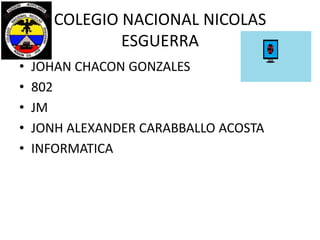 COLEGIO NACIONAL NICOLAS
ESGUERRA
•
•
•
•
•

JOHAN CHACON GONZALES
802
JM
JONH ALEXANDER CARABBALLO ACOSTA
INFORMATICA

 
