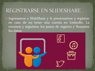  Ingresamos a SlideShare y le presionamos a registrar
en caso de no tener una cuenta en Linkedln. La
creamos y seguimos los pasos de registro y llenamos
los datos.
 
