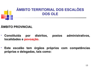 13
ÂMBITO TERRITORIAL DOS ESCALÕES
DOS OLE
ÂMBITO PROVINCIAL
 Constituída por distritos, postos administrativos,
localidades e povoação.
 Este escalão tem órgãos próprios com competências
próprias e delegadas, tais como:
 