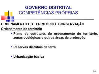 24
GOVERNO DISTRITAL
COMPETÊNCIAS PRÓPRIAS
ORDENAMENTO DO TERRITÓRIO E CONSERVAÇÃO
Ordenamento do território

Plano de estrutura, do ordenamento do território,
zonas ecológicas e outras áreas de protecção

Reservas distritais de terra

Urbanização básica
 