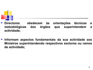 5
 Directores obedecem às orientações técnicas e
metodológicas dos órgãos que superintendem a
actividade;
 Informam aspectos fundamentais da sua actividade aos
Ministros superintendendo respectivos sectores ou ramos
de actividade;
 
