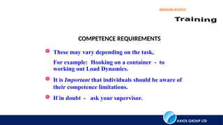 AXIOS GROUP LTD
BRIDON ROPES
COMPETENCE REQUIREMENTS
 These may vary depending on the task,
For example: Hooking on a container - to
working out Load Dynamics.
 It is Important that individuals should be aware of
their competence limitations.
 If in doubt - ask your supervisor.
 