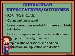 CURRICULARCURRICULAR
EXPECTATIONS/OUTCOMESEXPECTATIONS/OUTCOMES
• FOR I TO III CLASS
• Count and understand
• Learn conventions needed for mastery of Math
calculation.
• Perform simple computations in her/his own
way up to three -digit numbers.
• Simple maths operations like addition
subtraction ,multiplication and division.
• .
 
