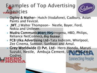    Ogilvy & Mather- Hutch (Vodafone), Cadbury, Asian
    Paints and Fevicol.
    JWT, J Walter Thompson- Nestle, Bayer, Ford,
    Nokia and Unilever.
   Mudra Communication-Neutrogena, HBO, Philips,
    Reliance NetConnect, Big Bazaar.
   FCB Ulka Advertising Ltd-Tata Indicom, Whirlpool,
    Zee Cinema, Santoor, Sunfeast and Amul.
   Grey Worldwide (I) Pvt. Ltd- Hero Honda, Maruti
    Suzuki, Nestle, Ambuja Cement, UTV, P&G and
    Godrej.
 