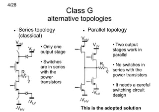 4/28
                                    Class G
                       alternative topologies
      Series topology                      Parallel topology
       (classical)                      VHV
   VHV                                                    •  Two output
                    •  Only one                VLV
             VLV                                          stages work in
                    output stage
                                                          parallel
                    •  Switches                      RL
                    are in series                         •  No switches in
                    with the                              series with the
        RL
                    power                                 power transistors
                    transistors
                                                          •  It needs a careful
                                                          switching circuit
                                              -VLV
                                                          design
             -VLV                      -VHV
   -VHV                                This is the adopted solution
 
