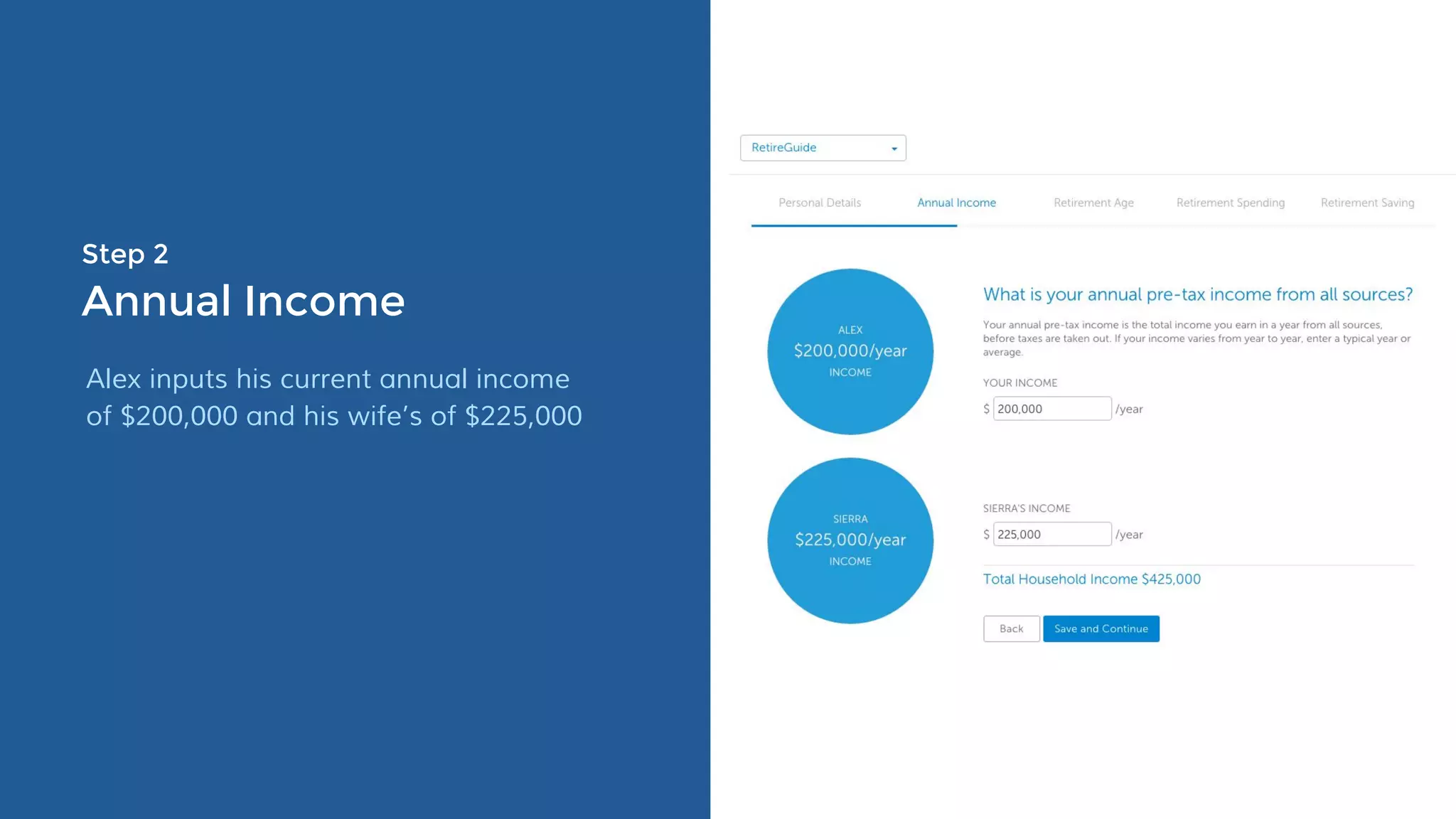 Step 2
Annual Income
Alex inputs his current annual income
of $200,000 and his wife’s of $225,000
 