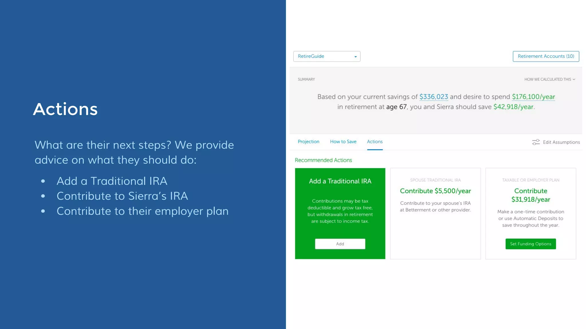 Actions
What are their next steps? We provide
advice on what they should do:
• Add a Traditional IRA
• Contribute to Sierra’s IRA
• Contribute to their employer plan
 