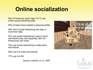 Online socialization 55% of American youth (age 12-17) use online social networking sites 55% of teens have created a personal profile 48% visit a social networking site daily or more than daily 91% use social networking to stay in touch with friends they see frequently; 82% for friends they see rarely 72% use social networking to make plans with friends 49% use it to make new friends 17% use it to flirt Source: Lenhart, et. al., 2007  With permission: Marilyn Lombardi 2007 