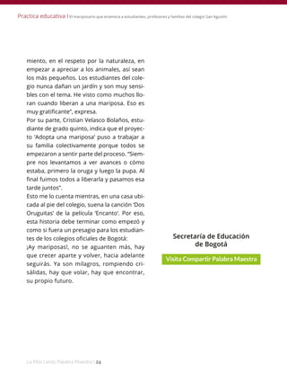 Lo Más Leido Palabra Maestra | 24
miento, en el respeto por la naturaleza, en
empezar a apreciar a los animales, así sean
los más pequeños. Los estudiantes del cole-
gio nunca dañan un jardín y son muy sensi-
bles con el tema. He visto como muchos llo-
ran cuando liberan a una mariposa. Eso es
muy gratificante”, expresa.
Por su parte, Cristian Velasco Bolaños, estu-
diante de grado quinto, indica que el proyec-
to ‘Adopta una mariposa’ puso a trabajar a
su familia colectivamente porque todos se
empezaron a sentir parte del proceso. “Siem-
pre nos levantamos a ver avances o cómo
estaba, primero la oruga y luego la pupa. Al
final fuimos todos a liberarla y pasamos esa
tarde juntos”.
Esto me lo cuenta mientras, en una casa ubi-
cada al pie del colegio, suena la canción ‘Dos
Oruguitas’ de la película ‘Encanto’. Por eso,
esta historia debe terminar como empezó y
como si fuera un presagio para los estudian-
tes de los colegios oficiales de Bogotá:
¡Ay mariposas!, no se aguanten más, hay
que crecer aparte y volver, hacia adelante
seguirás. Ya son milagros, rompiendo cri-
sálidas, hay que volar, hay que encontrar,
su propio futuro.
Secretaría de Educación
de Bogotá
Practica educativa І El mariposario que enamora a estudiantes, profesores y familias del colegio San Agustín
 