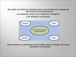 No existe una fórmula estándar para una combinación exitosa de
elementos de mercadotecnia.
Las mezclas varían de compañía a compañía
y de situación a situación.
Una empresa o corporación nunca debe estar al margen de lo que
sucede en el mercado
 