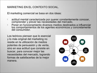 MARKETING EN EL CONTEXTO SOCIAL.
El marketing comercial se basa en dos ideas:
 actitud mental caracterizada por querer constantemente conocer,
comprender y prever las necesidades del mercado.
 Poner en funcionamiento diversos medios destinados a influenciar
los comportamientos de los agentes económicos y concretamente
del consumidor.
Los teóricos piensan que lo esencial
y lo más original del marketing no
reside en la utilización de medios
potentes de persuasión y de venta,
sino en esa actitud que consiste en
buscar, para conocer mejor las
necesidades del mercado, logrando
formas de satisfacerlas de la mejor
manera.
 