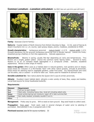 Common Lomatium – Lomatium utriculatum

(lo-MAY-tee-um yoo-trik-yoo-LAY-tum )

Family: Apiaceae (Carrot Family)
Native to: Coastal states of North America from British Columbia to Baja.

In CA, west of Sierras &
desert mountains incl. w. L.A. county; open grassy slopes, prairie, meadows, woodlands to 4500'.

Growth characteristics:
herbaceous perennial
mature height: <1-2 ft.
mature width: 1-2 ft.
Drought-deciduous (to the ground) herbaceous perennial from a slender taproot. Leaves are finelydissected giving a feathery or fern-like appearance. Delicate appearance.
Blooms/fruits:
Blooms in spring, usually Mar-Apr depending on rains and temperatures. Tiny
flowers are a bright, golden yellow (hence the common name ‘Spring Gold’).
Several to many
flowers in up to 15 compact heads aggregated in a compound umbel.
Delicate, woodland
appearance. Attract a wide range of insects.
Uses in the garden: Often used as a habitat plant in natural gardens, rock gardens and on slopes.
Good choice for inclusion in a life-friendly ‘lawn’ with other native grasses, annuals & perennials.
Good choice for planting near/in vegetable gardens, under fruit trees. You leaves/shoots and roots
can be eaten, raw or cooked – or dried for later use. Roots used for headache & stomach ache.
Sensible substitute for: Non-native plants like Queen Ann’s Lace & similar perennials.
Attracts: Excellent insect habitat plant: attracts a wide variety of bees, flies, wasps and beetles.
Larval food source for Anise Swallowtail butterfly.
Requirements:
Element
Sun
Soil
Water
Fertilizer
Other

Requirement

Full sun to part-shade.
Most soils, including heavy clay; local pH including alkali soils.
Good winter/spring soil moisture; taper off in late summer/fall.
Not really needed; probably wouldn’t hurt it.

Management:

Pretty easy to grow.

Will re-seed on bare ground. Bag seed heads to collect seed.

from seed: fresh seed; soak in several changes of water prior to planting if
purchased. Best planted in situ in prepared soils in fall.

Propagation:

Plant/seed sources (see list for source numbers): 30

7/2/12

© Project SOUND

 