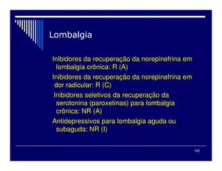 102
Inibidores da recuperação da norepinefrina em
lombalgia crônica: R (A)
Inibidores da recuperação da norepinefrina em
dor radicular: R (C)
Inibidores seletivos da recuperação da
serotonina (paroxetinas) para lombalgia
crônica: NR (A)
Antidepressivos para lombalgia aguda ou
subaguda: NR (I)
 