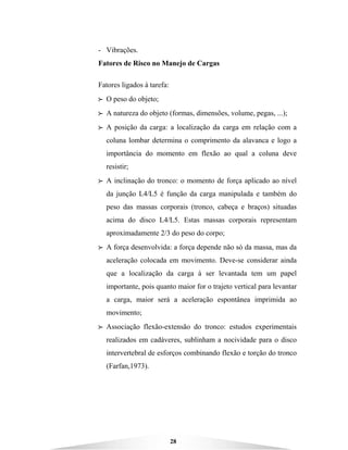 28
- Vibrações.
Fatores de Risco no Manejo de Cargas
Fatores ligados à tarefa:
BBBB O peso do objeto;
BBBB A natureza do objeto (formas, dimensões, volume, pegas, ...);
BBBB A posição da carga: a localização da carga em relação com a
coluna lombar determina o comprimento da alavanca e logo a
importância do momento em flexão ao qual a coluna deve
resistir;
BBBB A inclinação do tronco: o momento de força aplicado ao nível
da junção L4/L5 é função da carga manipulada e também do
peso das massas corporais (tronco, cabeça e braços) situadas
acima do disco L4/L5. Estas massas corporais representam
aproximadamente 2/3 do peso do corpo;
BBBB A força desenvolvida: a força depende não só da massa, mas da
aceleração colocada em movimento. Deve-se considerar ainda
que a localização da carga à ser levantada tem um papel
importante, pois quanto maior for o trajeto vertical para levantar
a carga, maior será a aceleração espontânea imprimida ao
movimento;
BBBB Associação flexão-extensão do tronco: estudos experimentais
realizados em cadáveres, sublinham a nocividade para o disco
intervertebral de esforços combinando flexão e torção do tronco
(Farfan,1973).
 