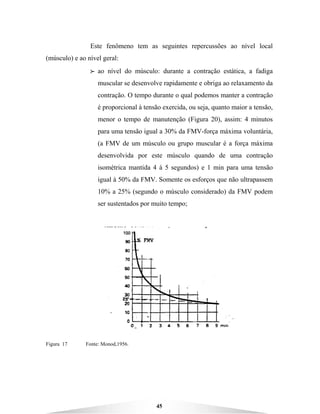 45
Este fenômeno tem as seguintes repercussões ao nível local
(músculo) e ao nível geral:
BBBB ao nível do músculo: durante a contração estática, a fadiga
muscular se desenvolve rapidamente e obriga ao relaxamento da
contração. O tempo durante o qual podemos manter a contração
é proporcional à tensão exercida, ou seja, quanto maior a tensão,
menor o tempo de manutenção (Figura 20), assim: 4 minutos
para uma tensão igual a 30% da FMV-força máxima voluntária,
(a FMV de um músculo ou grupo muscular é a força máxima
desenvolvida por este músculo quando de uma contração
isométrica mantida 4 à 5 segundos) e 1 min para uma tensão
igual à 50% da FMV. Somente os esforços que não ultrapassem
10% a 25% (segundo o músculo considerado) da FMV podem
ser sustentados por muito tempo;
Figura 17 Fonte: Monod,1956.
 