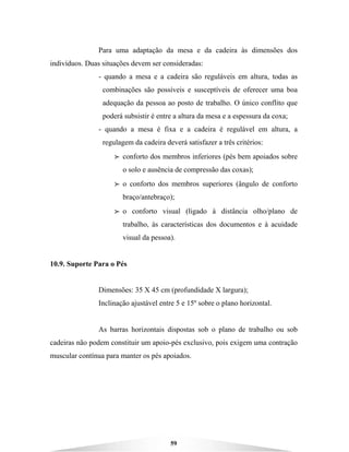 59
Para uma adaptação da mesa e da cadeira às dimensões dos
indivíduos. Duas situações devem ser consideradas:
- quando a mesa e a cadeira são reguláveis em altura, todas as
combinações são possíveis e susceptíveis de oferecer uma boa
adequação da pessoa ao posto de trabalho. O único conflito que
poderá subsistir é entre a altura da mesa e a espessura da coxa;
- quando a mesa é fixa e a cadeira é regulável em altura, a
regulagem da cadeira deverá satisfazer a três critérios:
BBBB conforto dos membros inferiores (pés bem apoiados sobre
o solo e ausência de compressão das coxas);
BBBB o conforto dos membros superiores (ângulo de conforto
braço/antebraço);
BBBB o conforto visual (ligado à distância olho/plano de
trabalho, às características dos documentos e à acuidade
visual da pessoa).
10.9. Suporte Para o Pés
Dimensões: 35 X 45 cm (profundidade X largura);
Inclinação ajustável entre 5 e 15º sobre o plano horizontal.
As barras horizontais dispostas sob o plano de trabalho ou sob
cadeiras não podem constituir um apoio-pés exclusivo, pois exigem uma contração
muscular contínua para manter os pés apoiados.
 