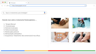 Nova guia X +
Quais os tratamentos para lombalgia?
Falando mais sobre o tratamento fisioterapêutico ...
1. Terapia Manual
2. Cinesioterapia
3. Eletrotermoterapia
4. Hidrocinesioterapia
5. Reeducação postural
6. Manipulação osteopática
7. Acupuntura: Tratamento não convencional mas eficaz.
https://www.google.com.br/
 