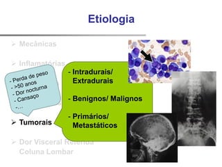 Etiologia
 Mecânicas
 Inflamatórias
 Infecciosas
 Metabólicas
 Tumorais
 Dor Visceral Referida
Coluna Lombar
- Intradurais/
Extradurais
- Benignos/ Malignos
- Primários/
Metastáticos
 