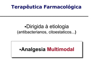 Analgesia Multimodal
Terapêutica Farmacológica
Dirigida à etiologia
(antibacterianos, citoestaticos...)
 