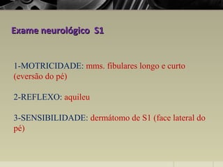 Exame neurológico S1Exame neurológico S1
1-MOTRICIDADE: mms. fibulares longo e curto
(eversão do pé)
2-REFLEXO: aquileu
3-SENSIBILIDADE: dermátomo de S1 (face lateral do
pé)
 