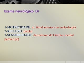Exame neurológico L4
1-MOTRICIDADE: m. tibial anterior (inversão do pé)
2-REFLEXO: patelar
3-SENSIBILIDADE: dermátomo de L4 (face medial
perna e pé)
 
