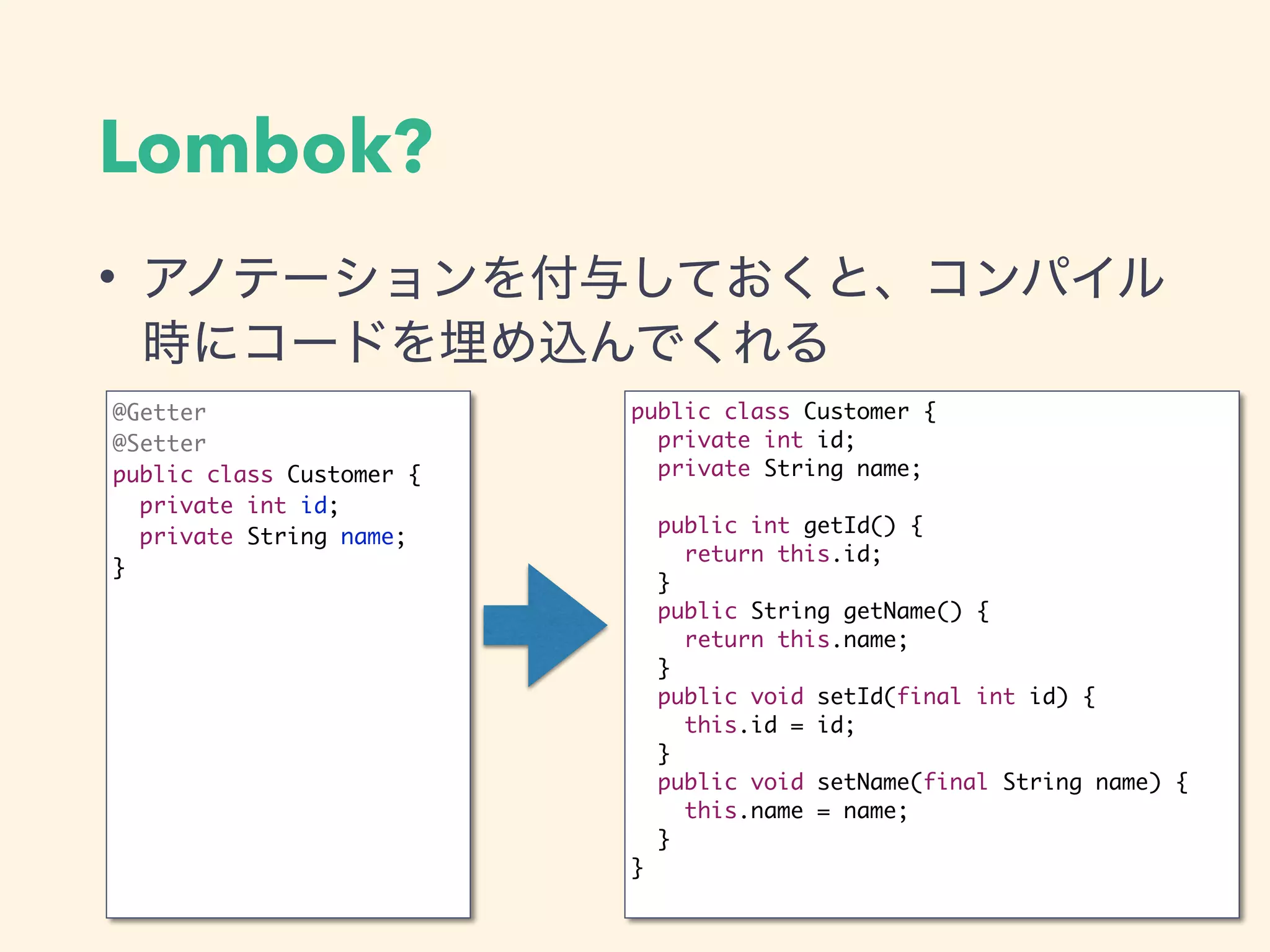 Lombok?
•
@Getter
@Setter
public class Customer {
private int id;
private String name;
}
public class Customer {
private int id;
private String name;
public int getId() {
return this.id;
}
public String getName() {
return this.name;
}
public void setId(final int id) {
this.id = id;
}
public void setName(final String name) {
this.name = name;
}
}
 