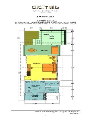 
 
FACTS & DATA
 
_____________________________________________________________________________________
Lombok, West Nusa Tenggara – Last Update 29st August 2013
Page 11 of 27 
4. WATER’S EDGE VILLA
(1-BEDROOM VILLA WITH OCEAN VIEW & PLUNGE POOL/BEACH FRONT)
 
