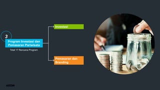 Total 17 Rencana Program
Program Investasi dan
Pemasaran Pariwisata
Investasi
Pemasaran dan
Branding
3
 